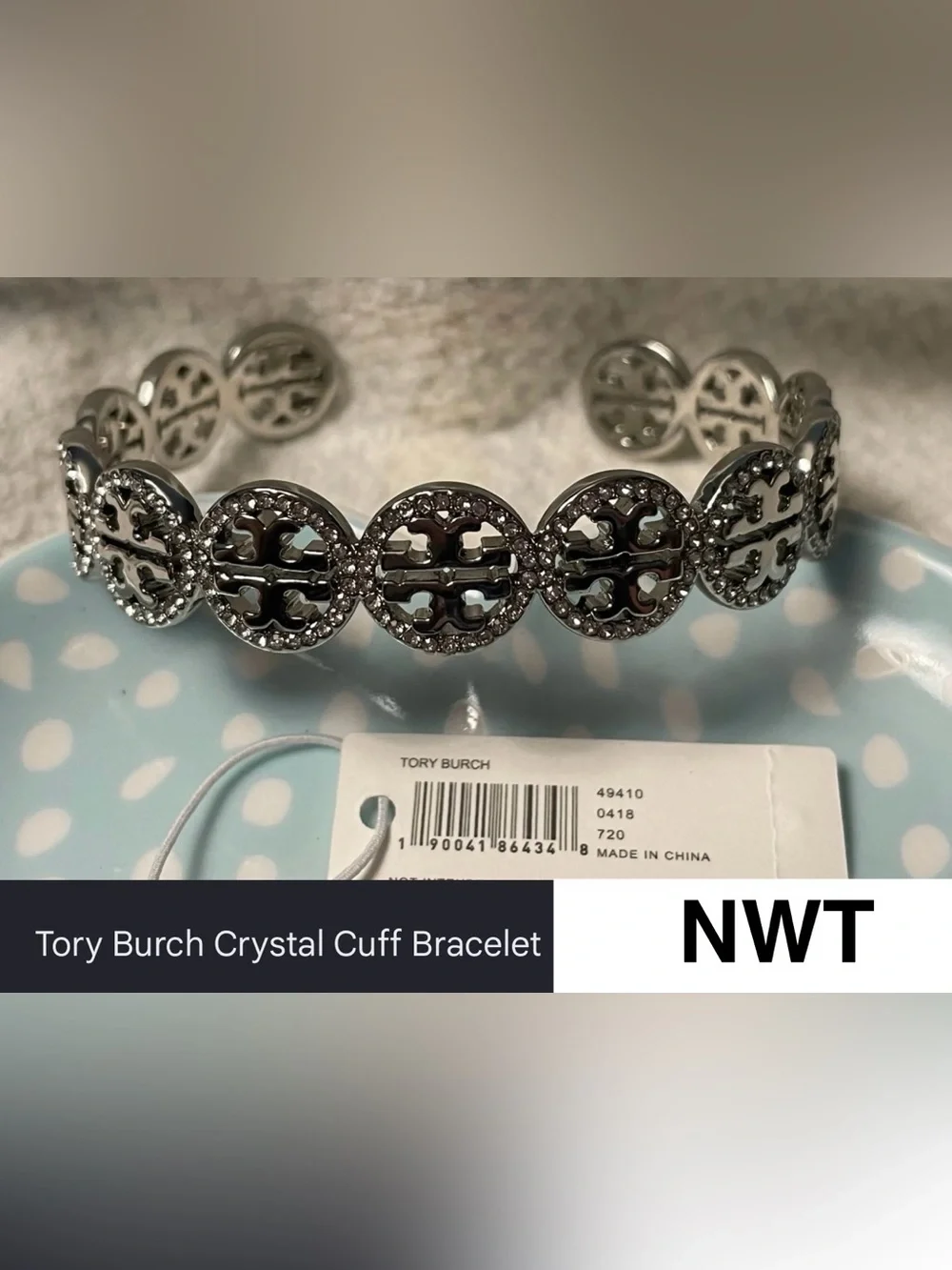 NWT Tory Burch Miller Pavé Crystal Logo Bangle Bracelet Silver